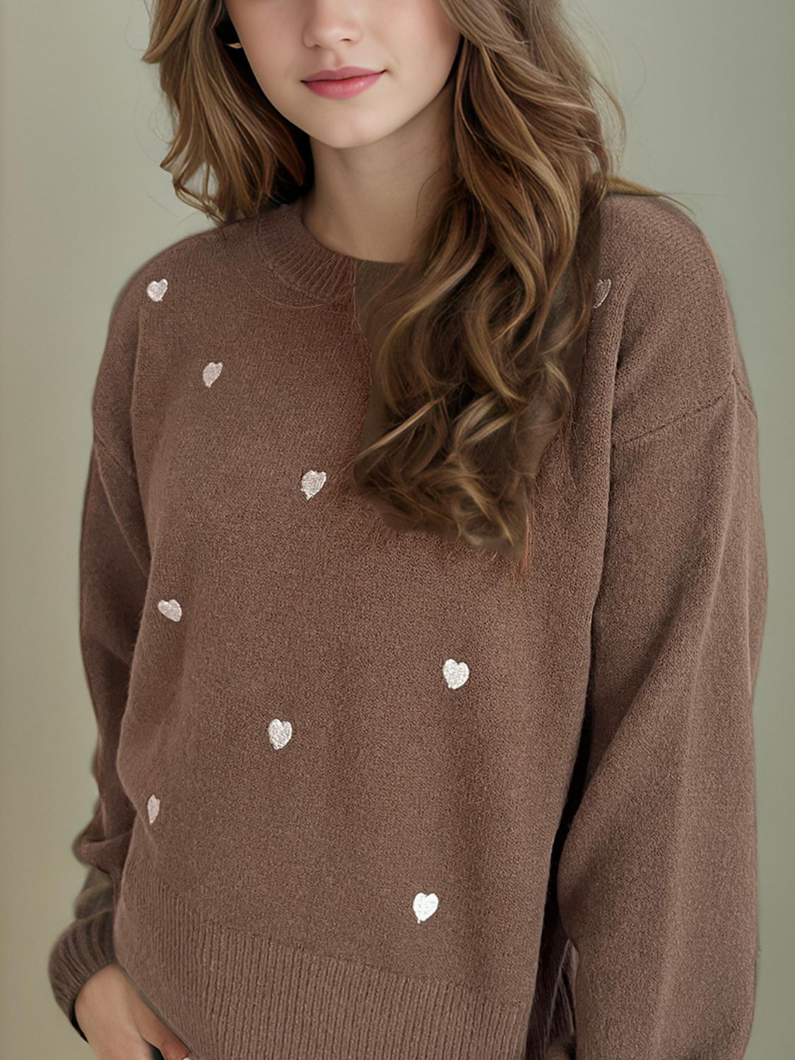 Heart Round Neck Long Sleeve Sweater - Tigbul's Variety Fashion Shop