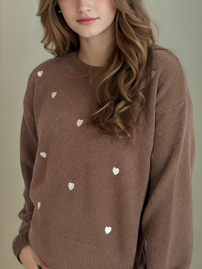 Heart Round Neck Long Sleeve Sweater - Tigbul's Variety Fashion Shop