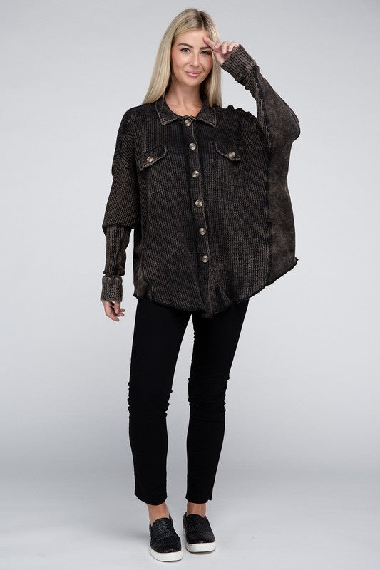 Ash Black Acid Wash Oversized Cotton Waffle Shirt - Tigbul's Variety Fashion Shop