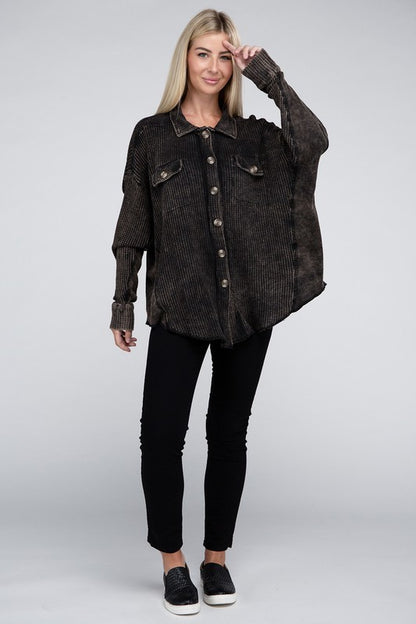 Ash Black Acid Wash Oversized Cotton Waffle Shirt - Tigbul's Variety Fashion Shop