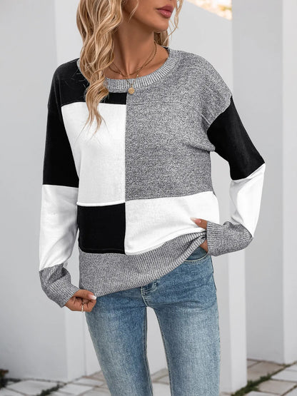 Color Block Knit Long Sleeve Sweater - Tigbul's Variety Fashion Shop