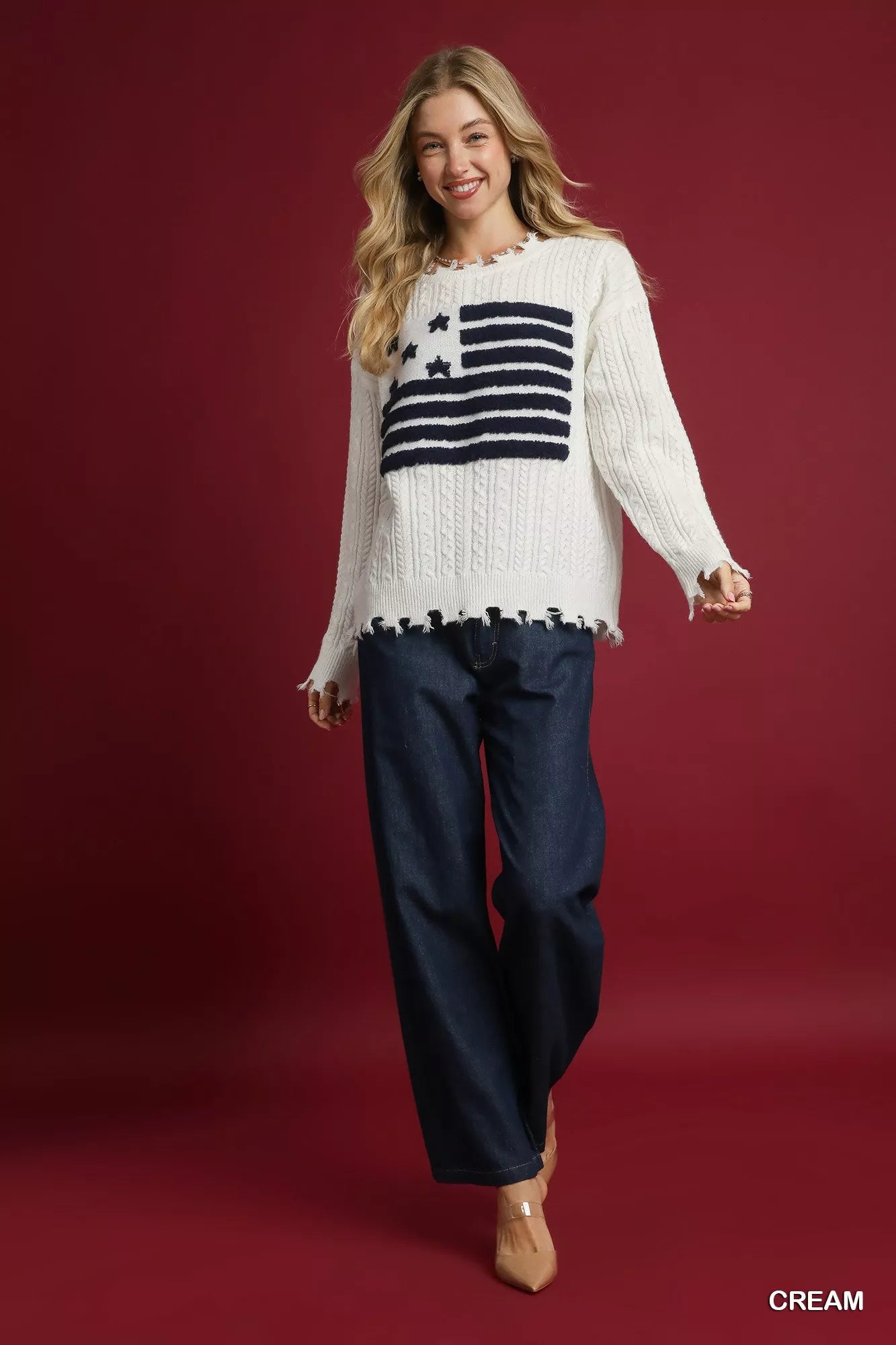 Umgee Distressed American Flag Sweater - Tigbul's Variety Fashion Shop