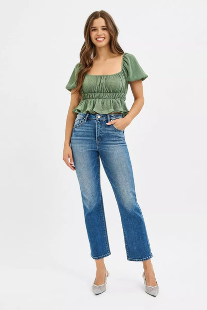 RISEN Tummy Control High Rise Crop Straight Jeans - Tigbul's Variety Fashion Shop