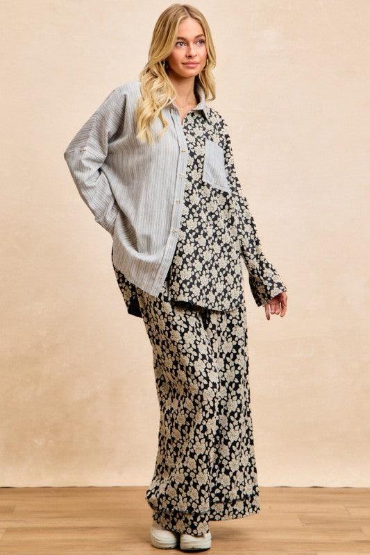 Grey striped button-up shirt top with black floral side panel and collar