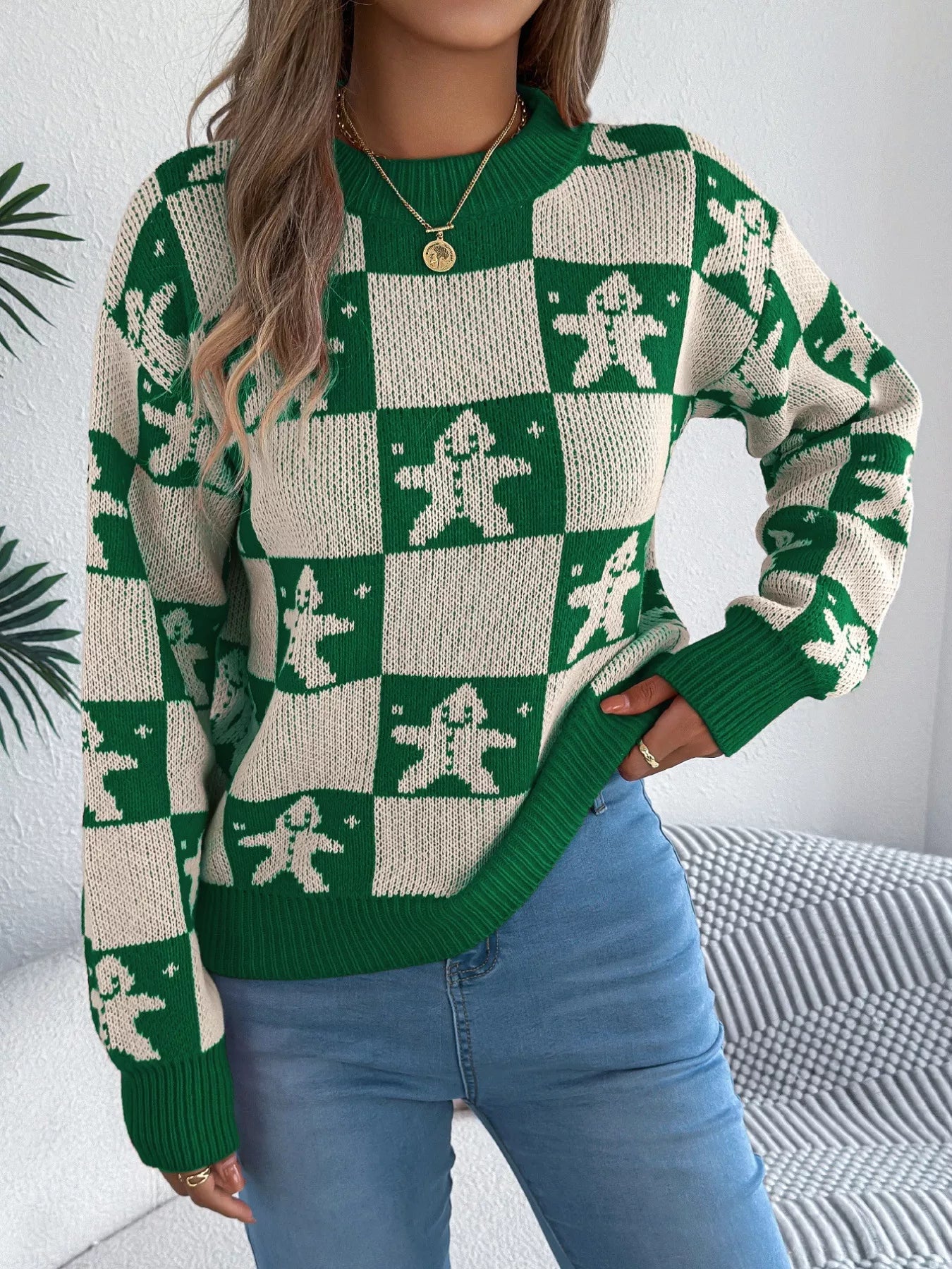 Christmas Checkerboard Gingerbread Round Neck Sweater - Tigbul's Variety Fashion Shop