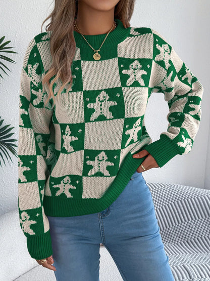 Christmas Checkerboard Gingerbread Round Neck Sweater - Tigbul's Variety Fashion Shop
