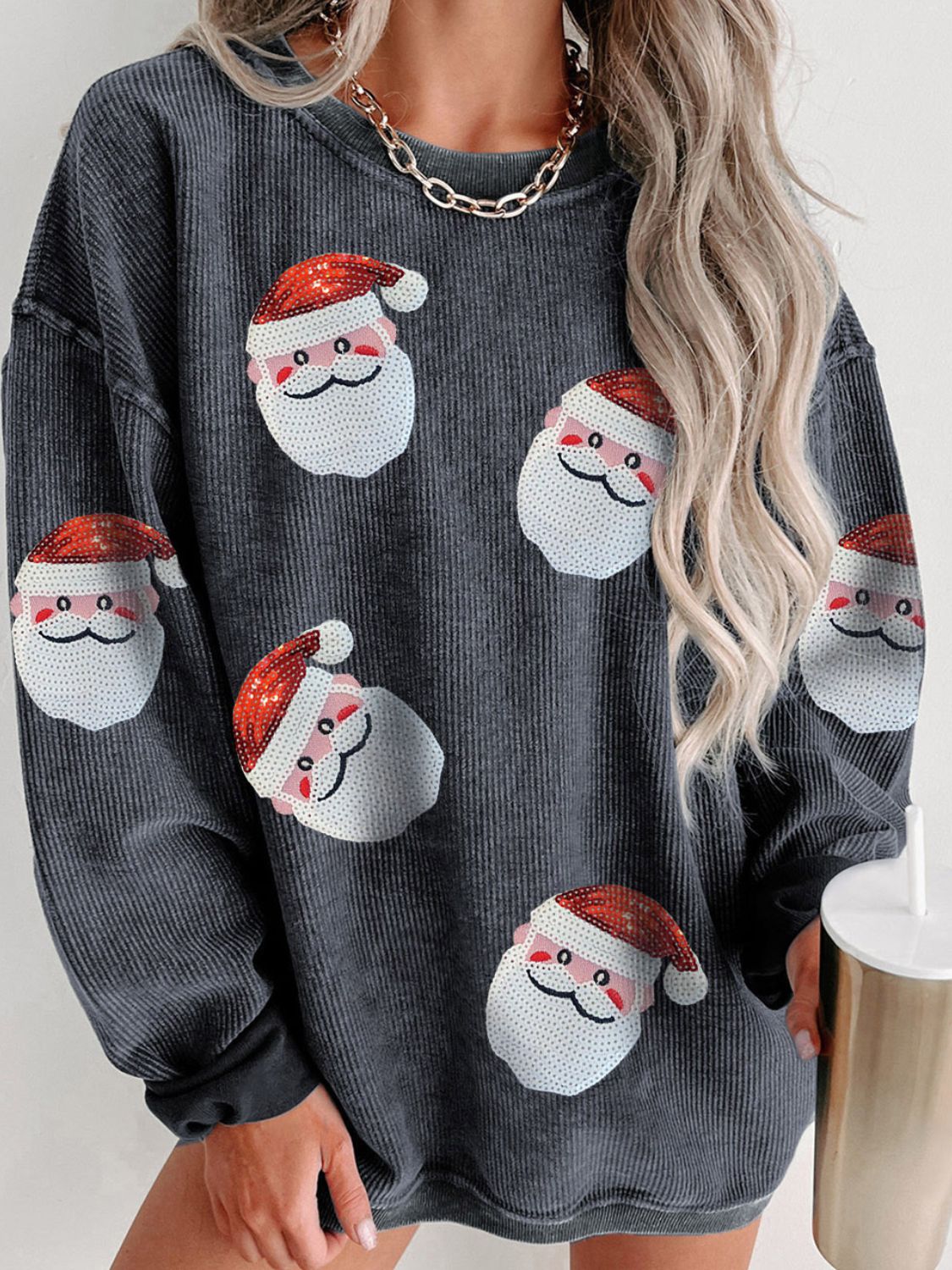 Sequin Santa Patch Ribbed Sweatshirt - Tigbul's Variety Fashion Shop