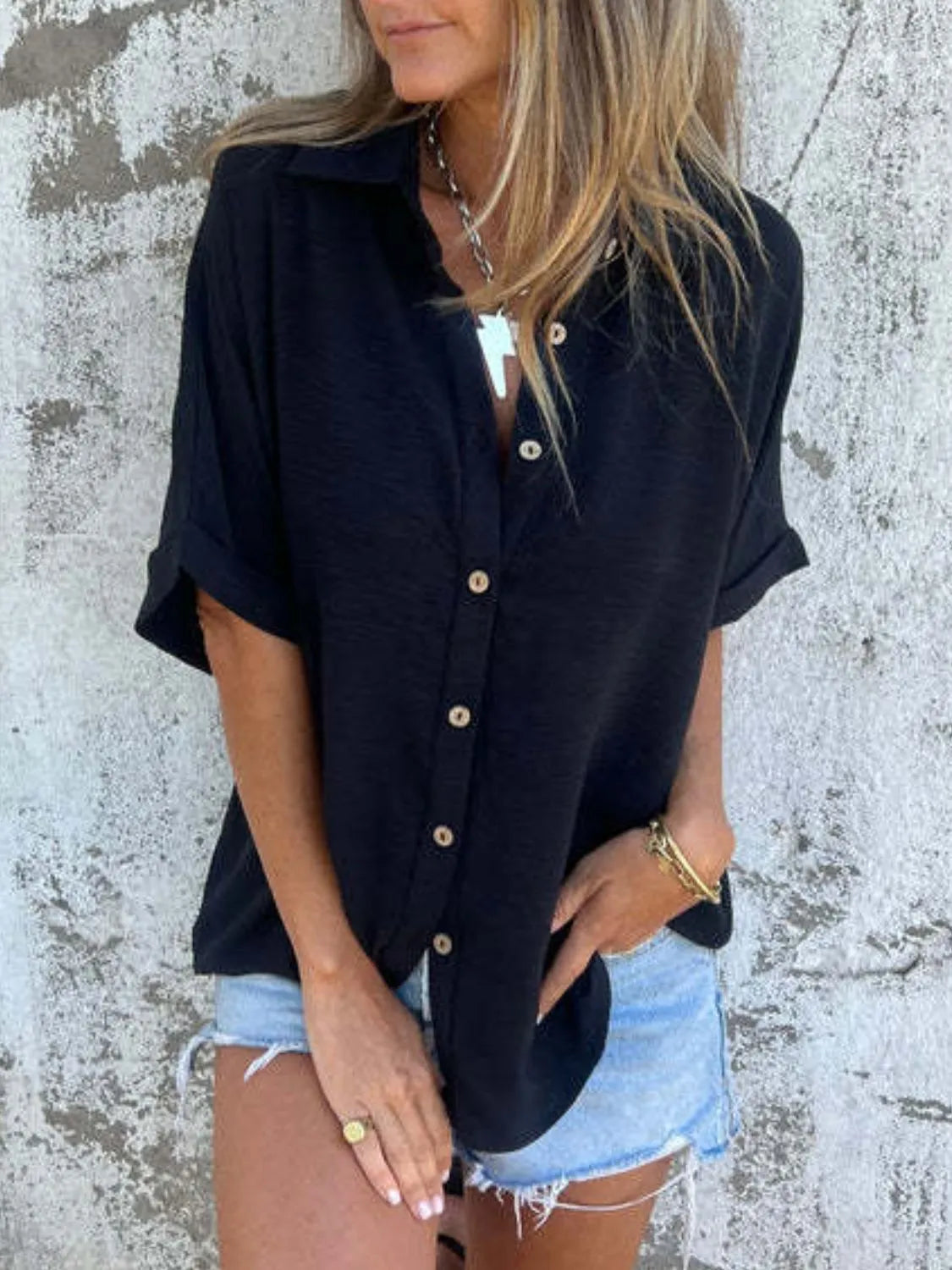 Full Size Collared Neck Half Sleeve Shirt - Tigbul's Variety Fashion Shop