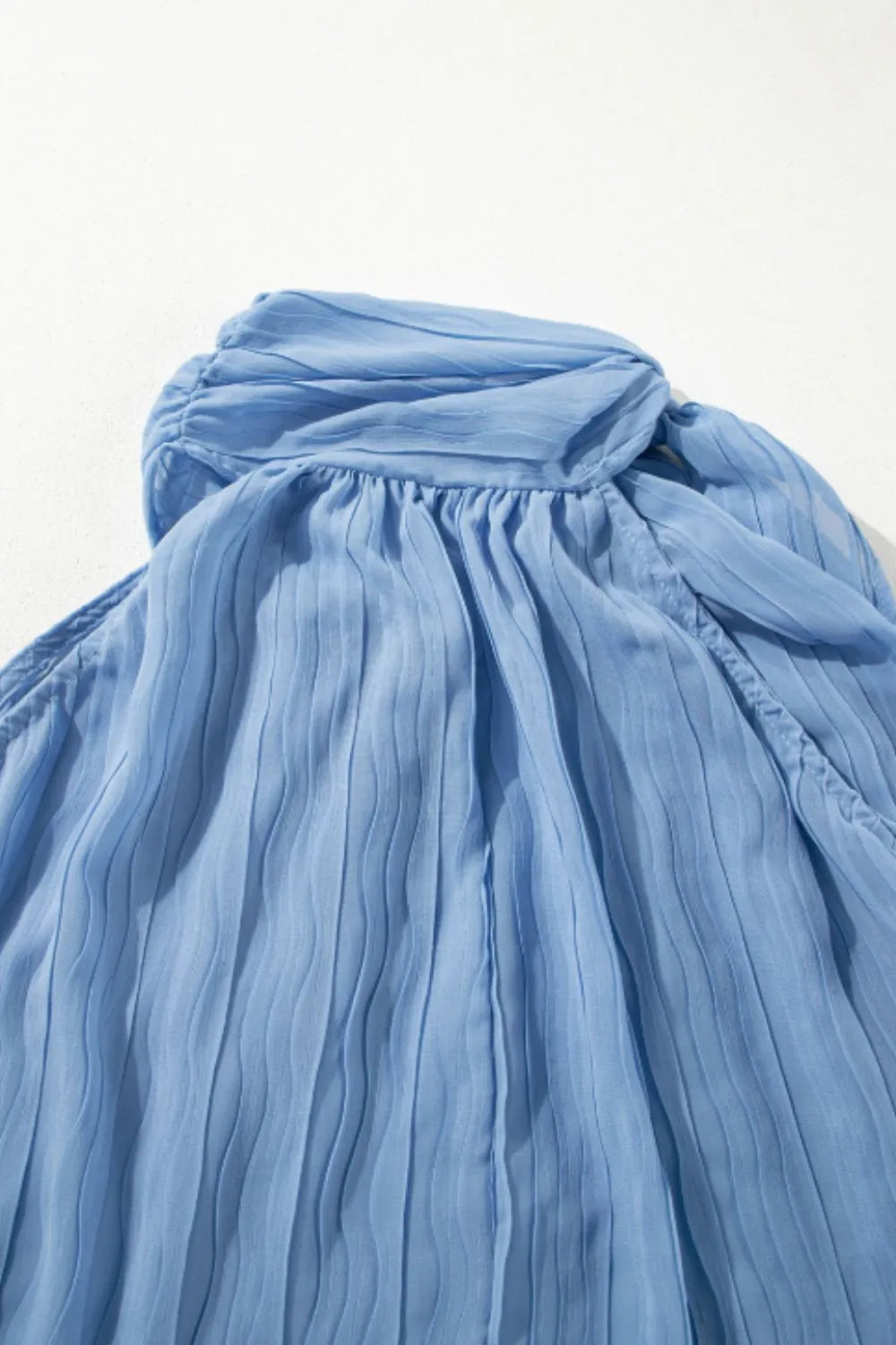 Textured Pleated Tied Mock Neck Flowy Blue Tank Top - Tigbul's Variety Fashion Shop