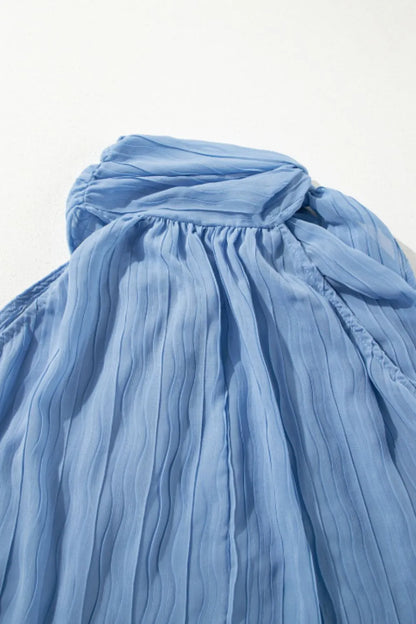 Textured Pleated Tied Mock Neck Flowy Blue Tank Top - Tigbul's Variety Fashion Shop