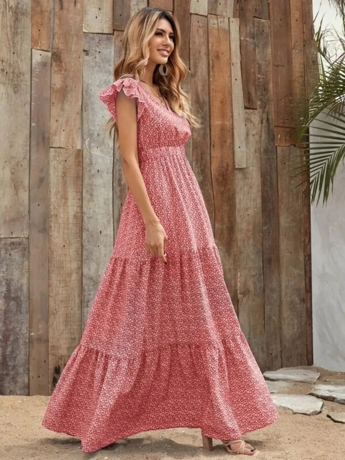 Printed V-Neck Ruffled Cap Sleeve Maxi Dress - Tigbul's Variety Fashion Shop