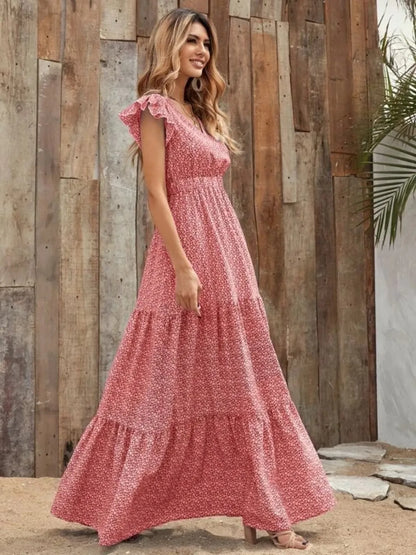 Printed V-Neck Ruffled Cap Sleeve Maxi Dress - Tigbul's Variety Fashion Shop