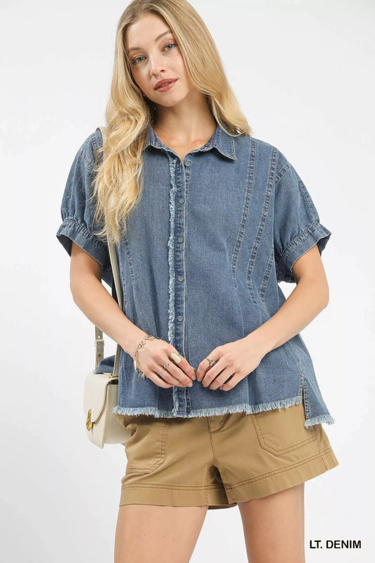 Umgee Washed Denim Oversized Top - Tigbul's Variety Fashion Shop