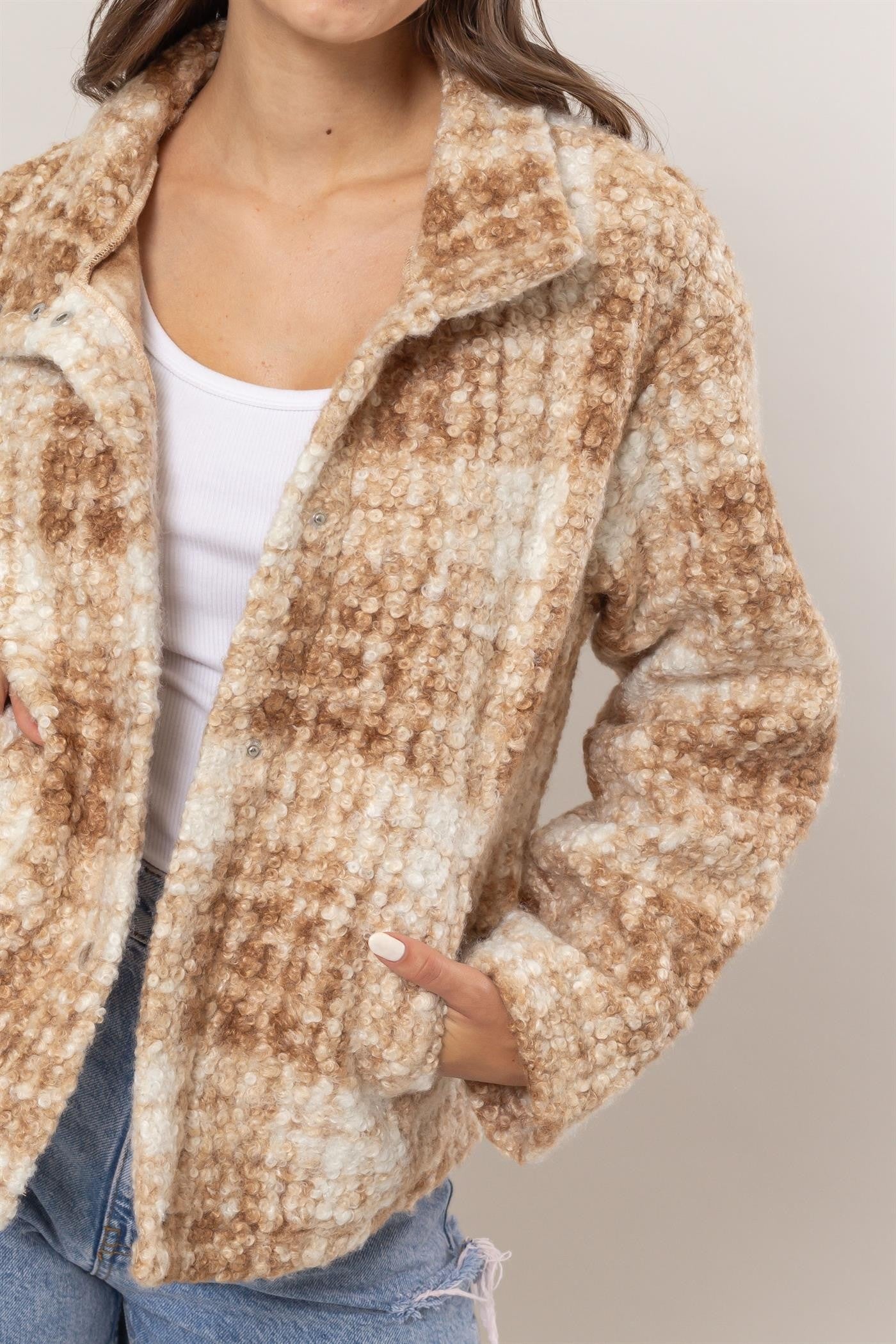 Taupe Plaid Collared Neck Boucle Jacket with Pockets - Tigbul's Variety Fashion Shop