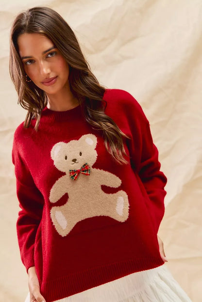 SO ME Teddy Bear With Check Ribbon Christmas Sweater - Tigbul's Variety Fashion Shop