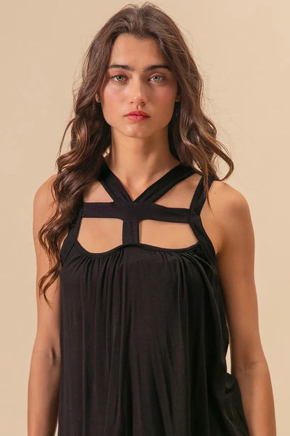 Black Rayon Span Jersey Cut Out with Straps Detailed - Tigbul's Variety Fashion Shop