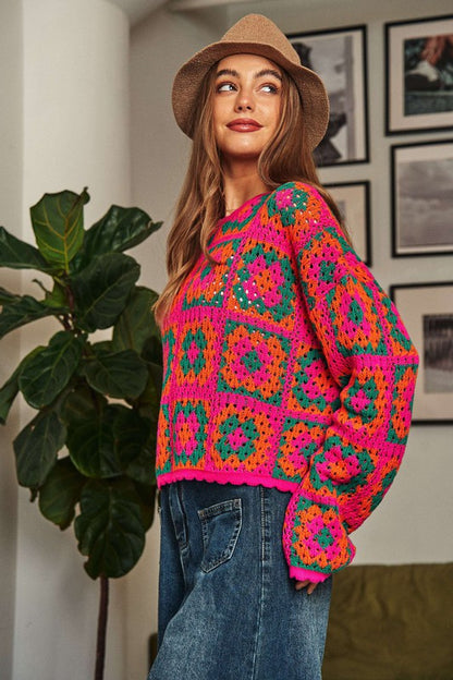 Crochet Patchwork Round Neck Pullover Sweater Top - Tigbuls Variety Fashion