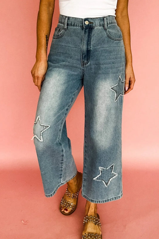 Star Embroidered High Waist Wide Leg Jeans - Tigbul's Variety Fashion Shop