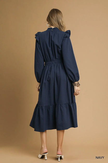 Umgee Textured Midi Dress with Ruffle Shoulder Detail - Tigbul's Variety Fashion Shop
