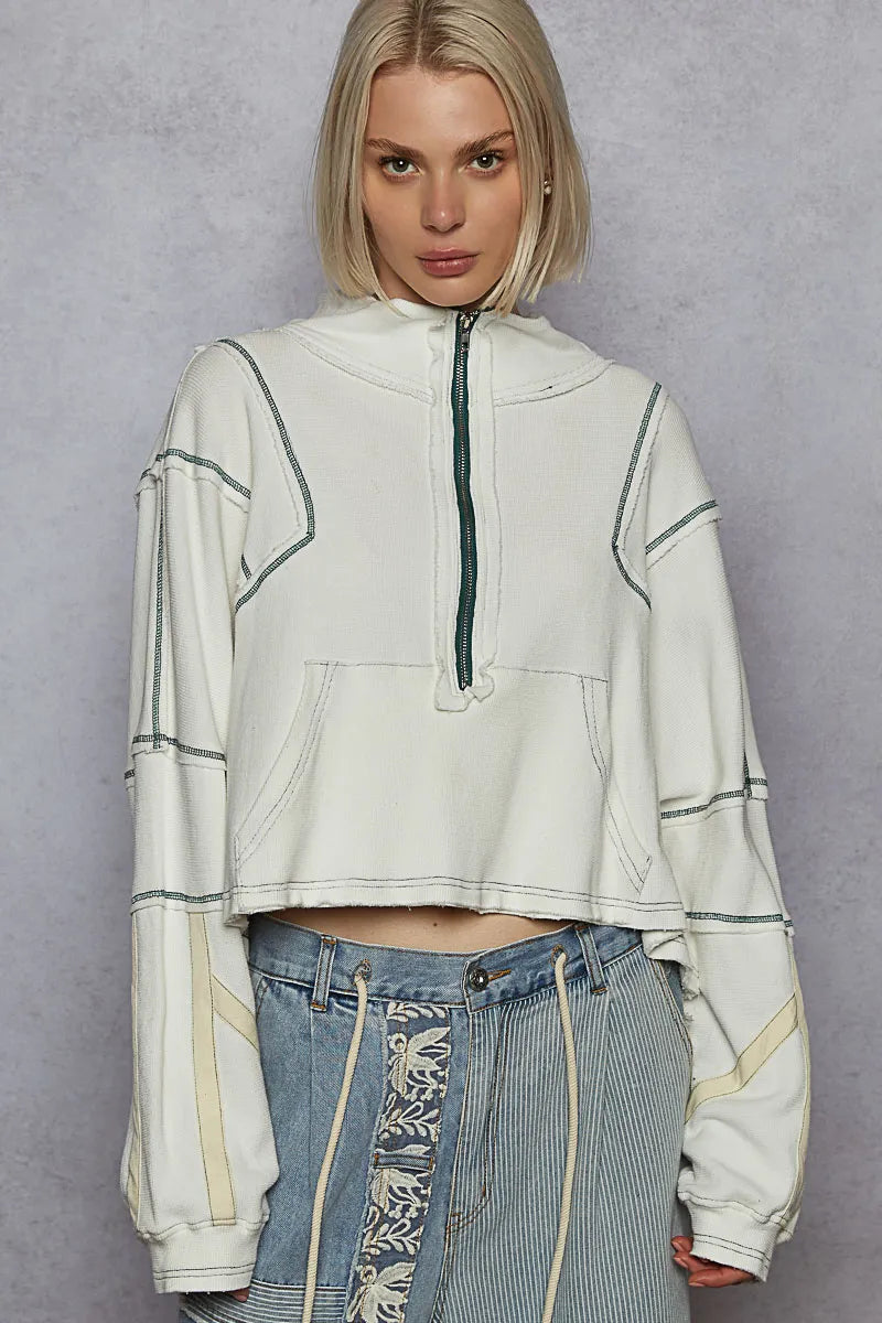 POL Contrast Stitching Zip Front Sweatshirt - Tigbul's Variety Fashion Shop