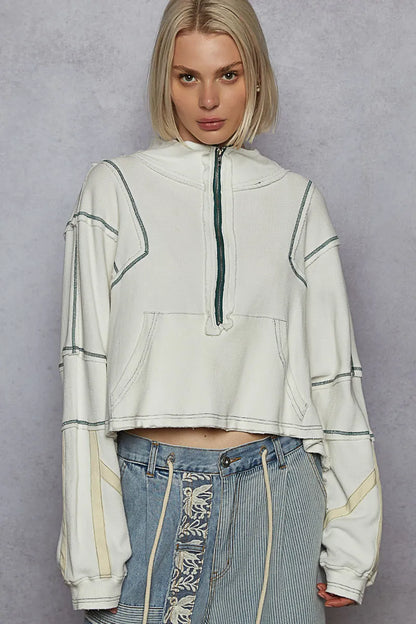 POL Contrast Stitching Zip Front Sweatshirt - Tigbul's Variety Fashion Shop