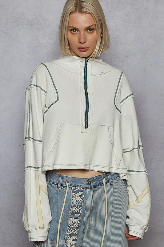 POL Contrast Stitching Zip Front Sweatshirt - Tigbul's Variety Fashion Shop