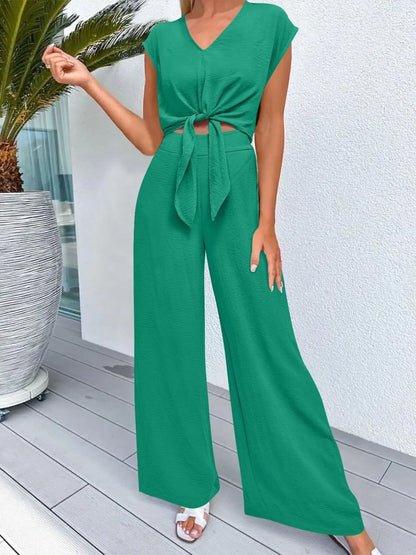 Tie Front Top and Wide Leg Pants Set - Tigbul's Variety Fashion Shop
