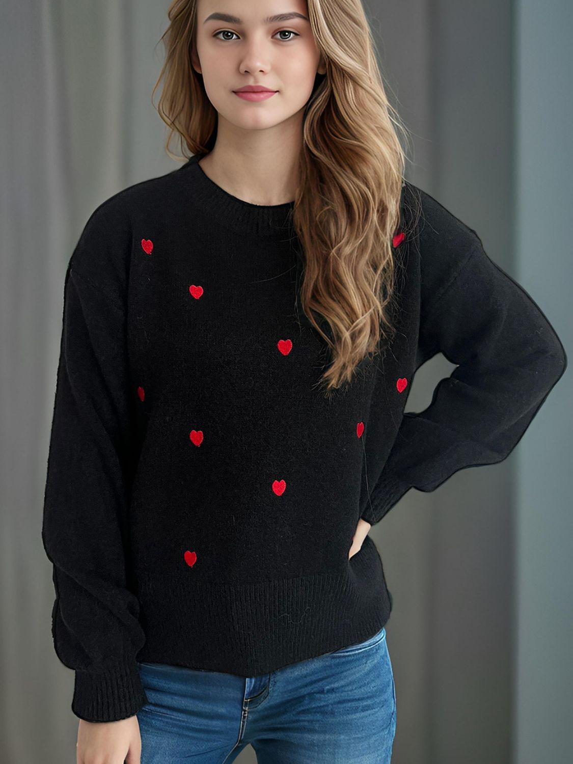 Heart Round Neck Long Sleeve Sweater - Tigbul's Variety Fashion Shop