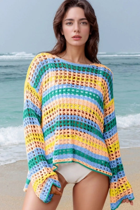 Openwork Round Neck Long Sleeve Knit Cover Up - Tigbul's Variety Fashion Shop
