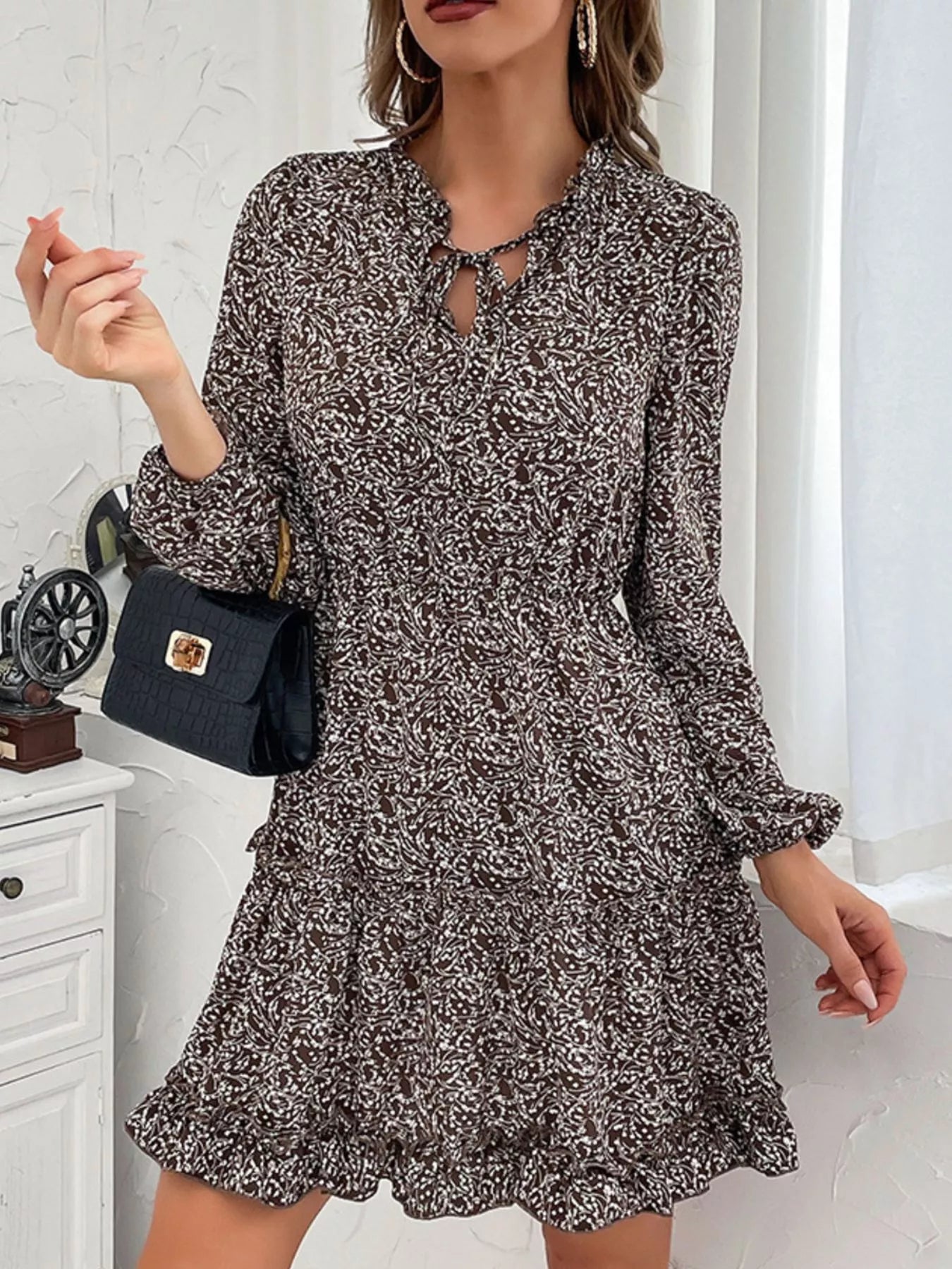 Ruffle Hem Tie Neck Mini Dress - Tigbul's Variety Fashion Shop