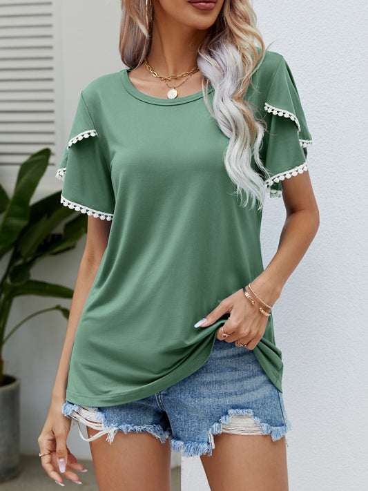 Pom-Pom Trim Flutter Sleeve Round Neck T-Shirt - Tigbul's Variety Fashion Shop