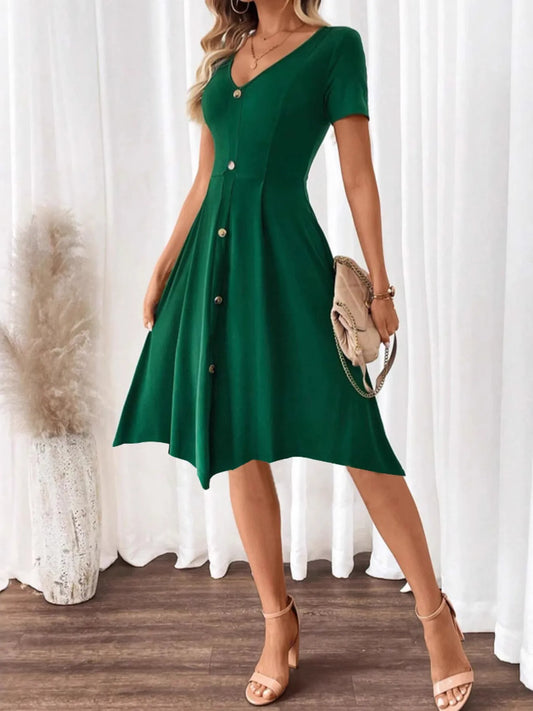 V-Neck Short Sleeve Dress - Tigbul's Variety Fashion Shop