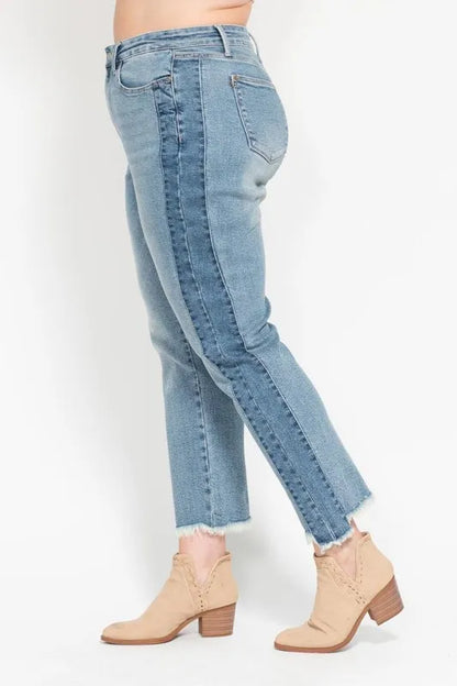 Judy Blue Full Size Vintage Wash Side Panel Detail with Fray Hem Slim Plus Size - Tigbul's Variety Fashion Shop