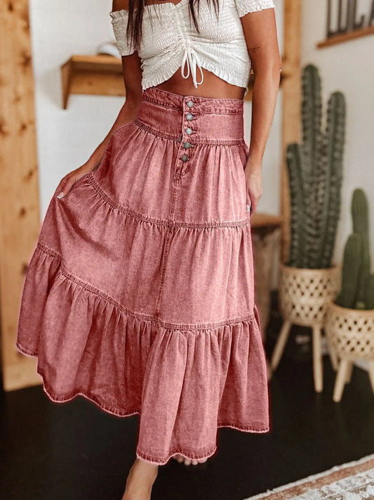 Ruched Button Fly Denim Skirt - Tigbul's Variety Fashion Shop