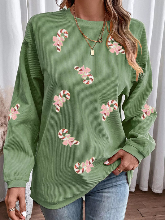 Christmas Sequin Candy Cane Patched Corded Ribbed Baggy Sweatshirt - Tigbul's Variety Fashion Shop