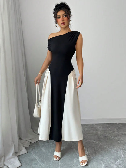 Contrast Single Shoulder Midi Dress - Tigbul's Variety Fashion Shop
