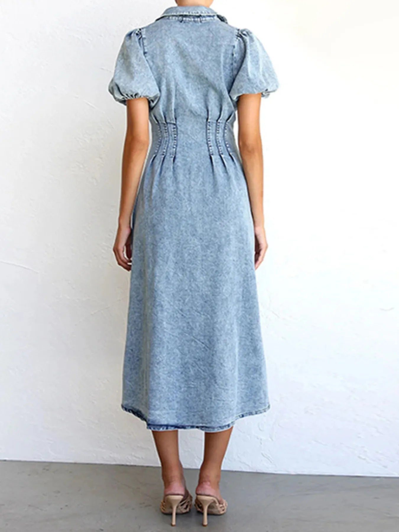 Puff Sleeve Button Front Denim Midi Dress - Tigbul's Variety Fashion Shop