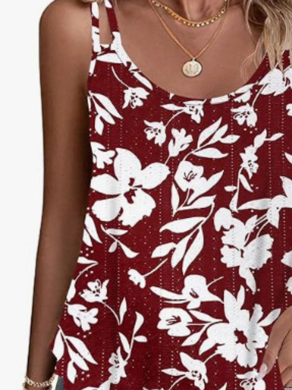 Burgundy floral eyelet cami with double shoulder straps, close-up front