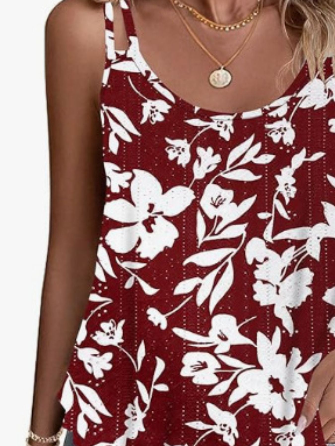 Burgundy floral eyelet cami with double shoulder straps, close-up front