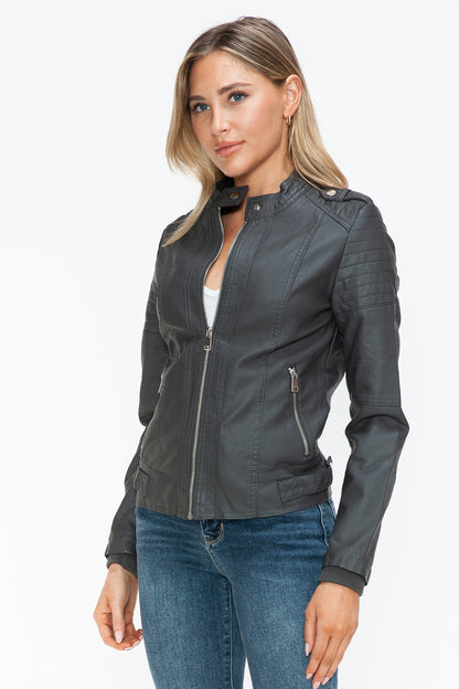 Charcoal PU Leather Biker Jacket with Side Zip Pockets