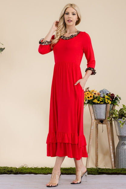 Small - 3XL Coral Leopard Ruffle Detail Midi Dress - Tigbul's Variety Fashion Shop