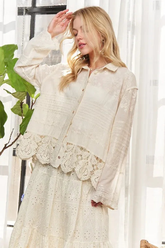 Beige Crochet Lace Long Sleeves Button Down Shirt - Tigbul's Variety Fashion Shop