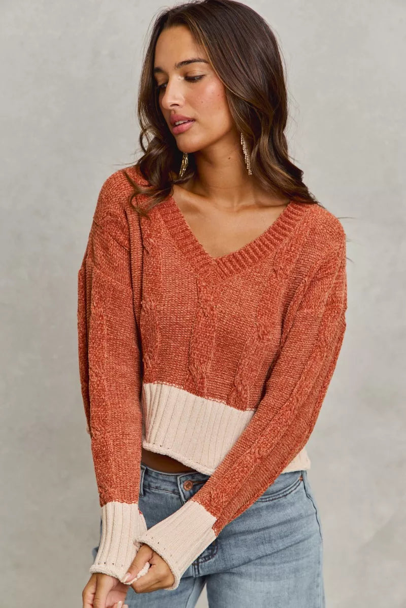 SO ME rust chenille cable-knit cropped sweater with V-neck and contrast hem