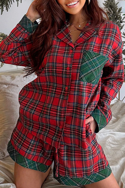 Plaid Contrast Patched Christmas Holiday Long Sleeve Shirt and Short 2pcs Pajama Set - Tigbul's Variety Fashion Shop