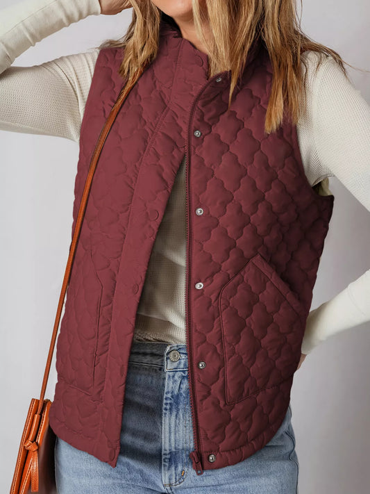 Quilted Snap Down Burgundy Zip Up Vest Coat | Tigbuls Variety