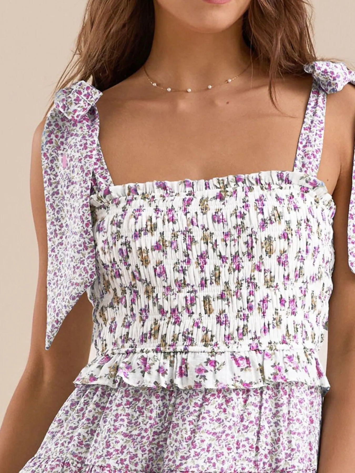 Floral Smocked Tie-Shoulder Summer Dress - Tigbul's Variety Fashion Shop