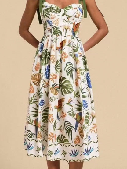 Tropical Print Tie-Shoulder Sweetheart Neck Midi Dress - Tigbul's Variety Fashion Shop
