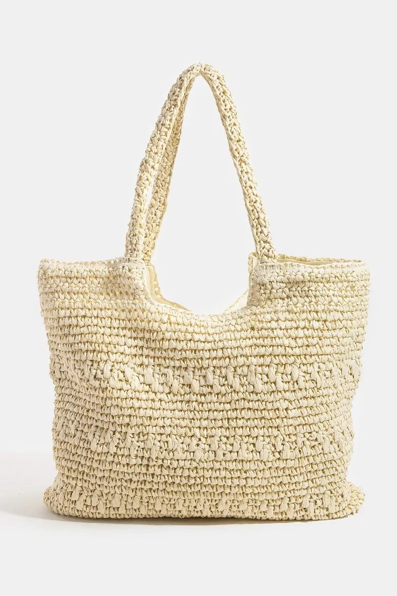 Straw braided square tote bag in IV color, front view with wide handles