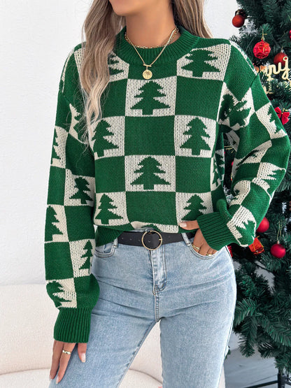 Christmas Tree Checkerboard Pattern Sweater - Tigbul's Variety Fashion Shop