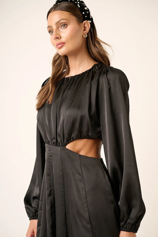 Black Satin Side Cutout Detail Mini Dress - Tigbul's Variety Fashion Shop